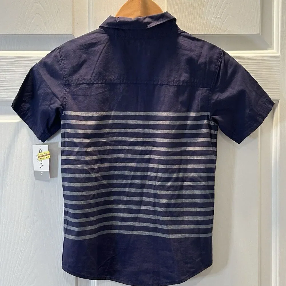 CARTER’S Kid Blue Striped and Solid Short Sleeved Button Front Shirt Boys Size 7